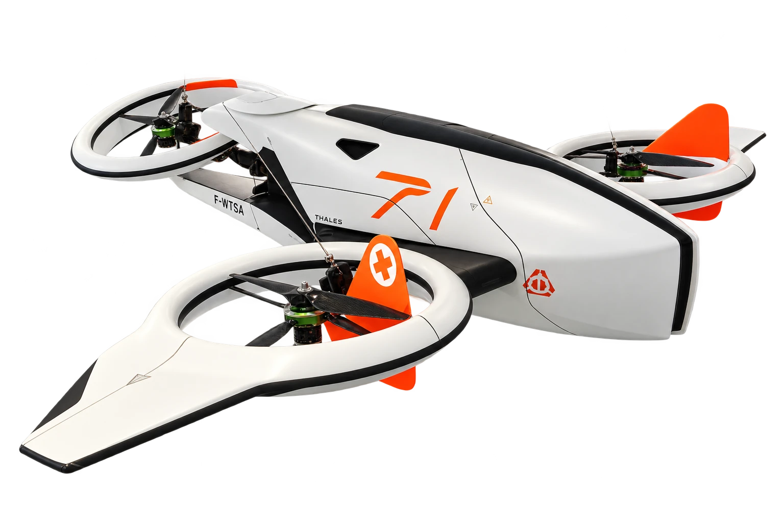 EVA, concept de drone médical pour Thales, blanc et orange à trois rotors carénés